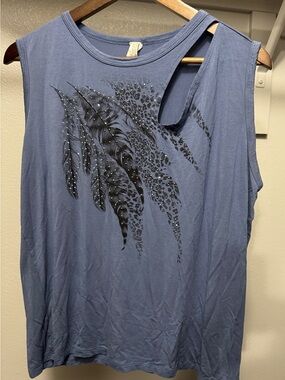 liberty Slate Blue Feather-Print Cutout Tank Top